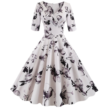 Hepburn Style Vintage Skirt V-neck Half Sleeves Printed Large Swing Dress