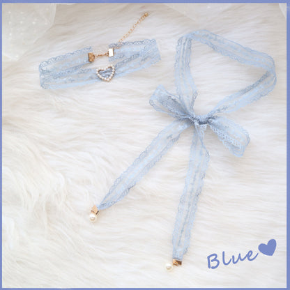 Sweet Accessory Gray Blue Lace Ribbon Pearl Choker Necklace