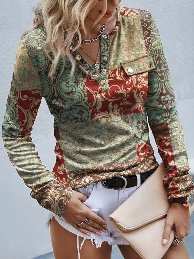 Women's Long-sleeved Printed Ethnic Fashion T-shirt