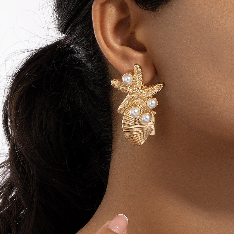 Beach Style Starfish Shell Earrings Female Vintage Pearl Ear Studs