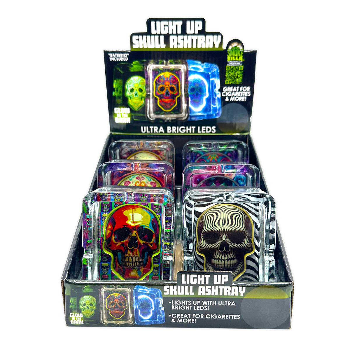 Novelty Brands - Light-Up Skull Glass Ashtray - 6 Per Retail Ready Display