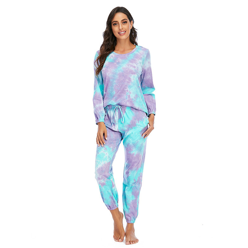 Women's Fashion Casual Tie-dye Pajamas Long Sleeve Trousers Suit