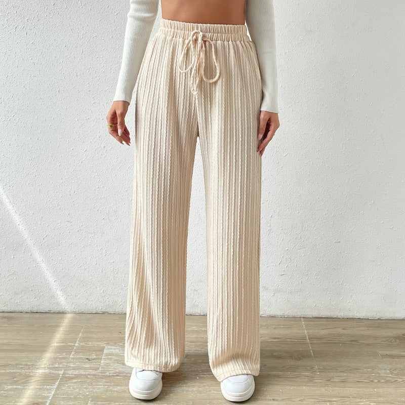 Knot Waist Texture Knitted Wide Leg Trousers Women's Clothing