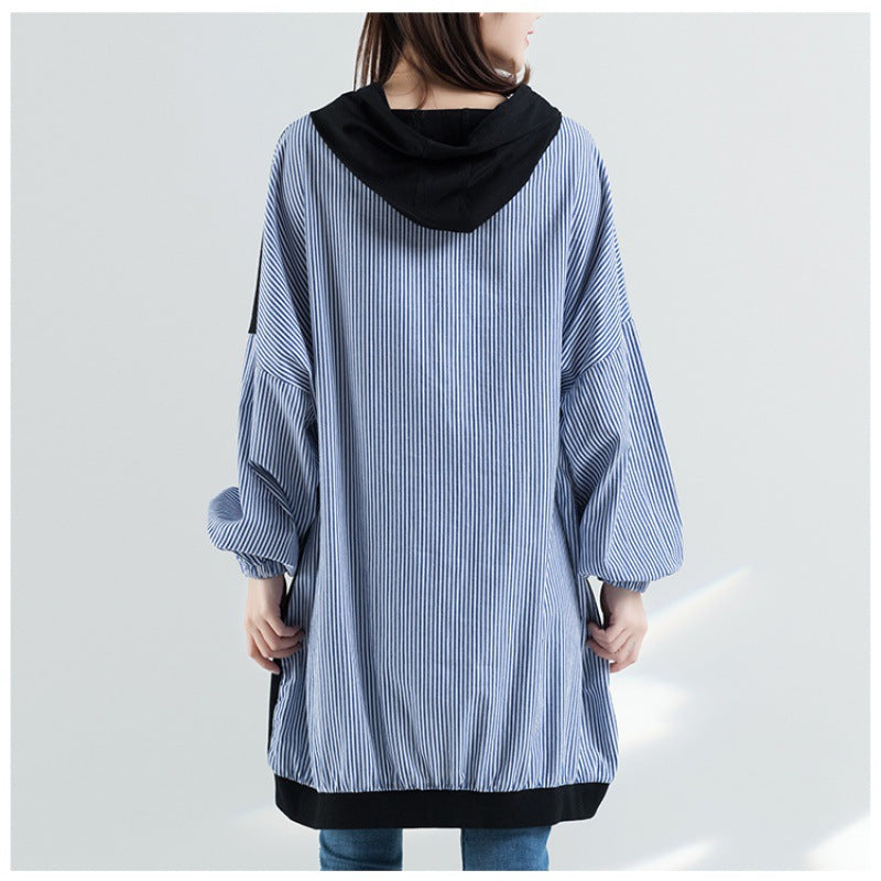 Artistic Striped Stitching Loose Hooded Sweater