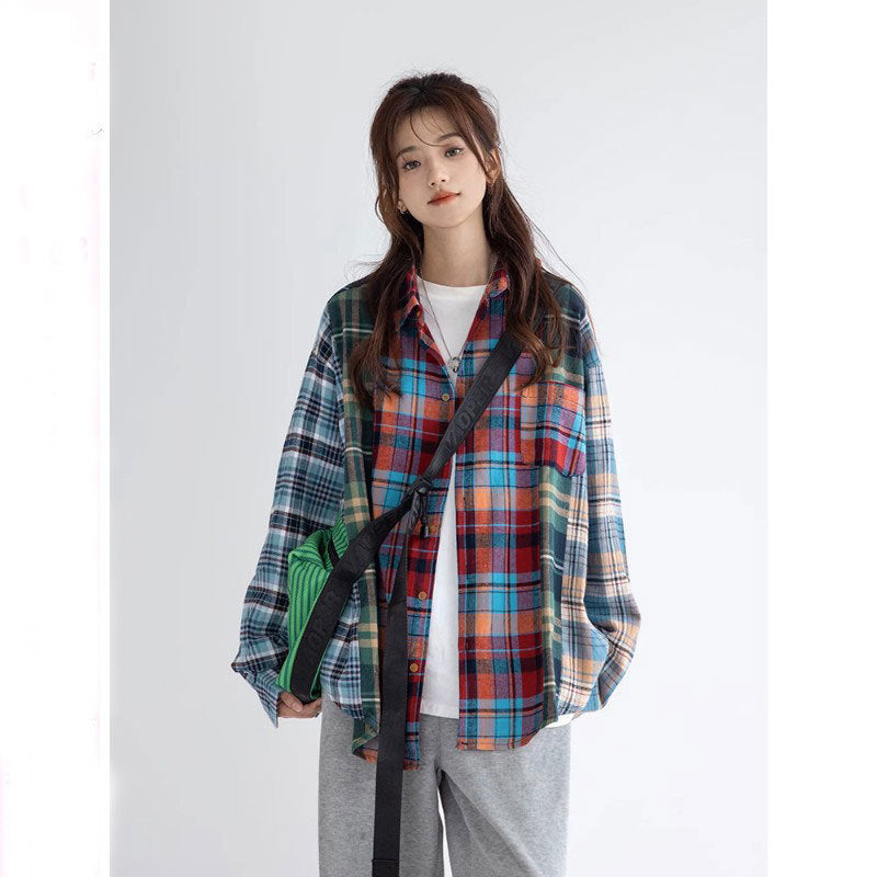 Women's Fashion Retro Spliced Plaid Blouse