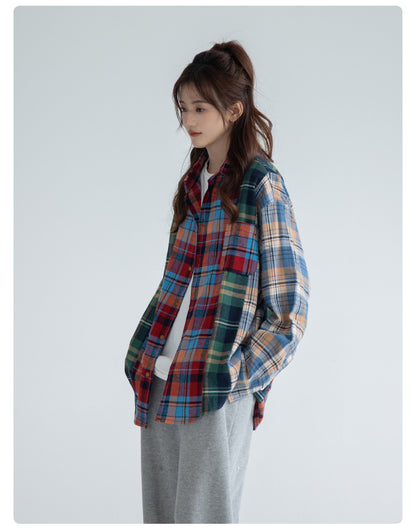 Women's Fashion Retro Spliced Plaid Blouse