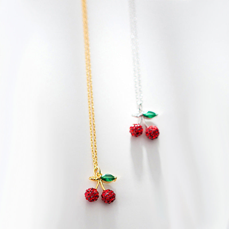 Inlaid Zircon Cherry Necklace Temperament Wild Red Cherry Clavicle Chain