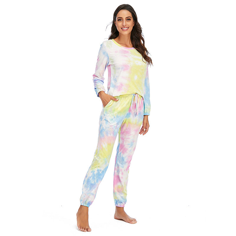 Women's Fashion Casual Tie-dye Pajamas Long Sleeve Trousers Suit