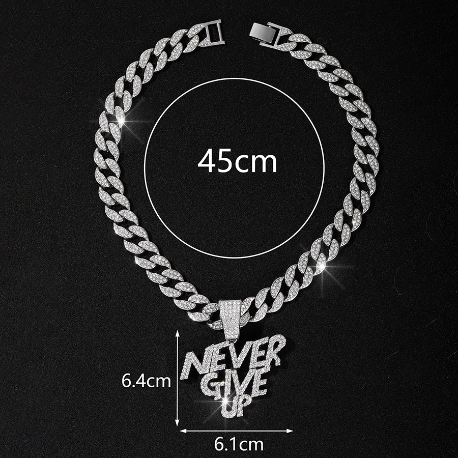 Alloy Letter NEVE RGIVE UP Pendant Full Diamond Necklace