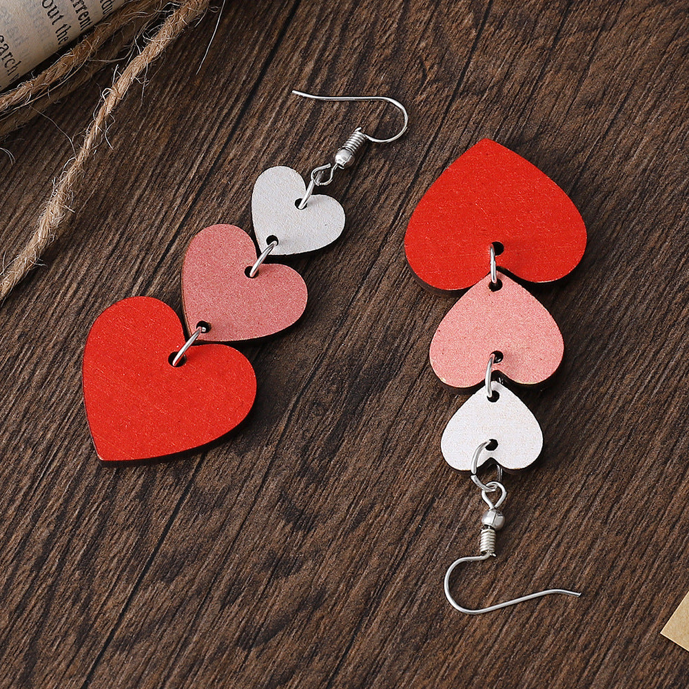 Valentine's Day Handmade Heart-shaped Gradient Color Love Heart Double-sided Wooden Earrings