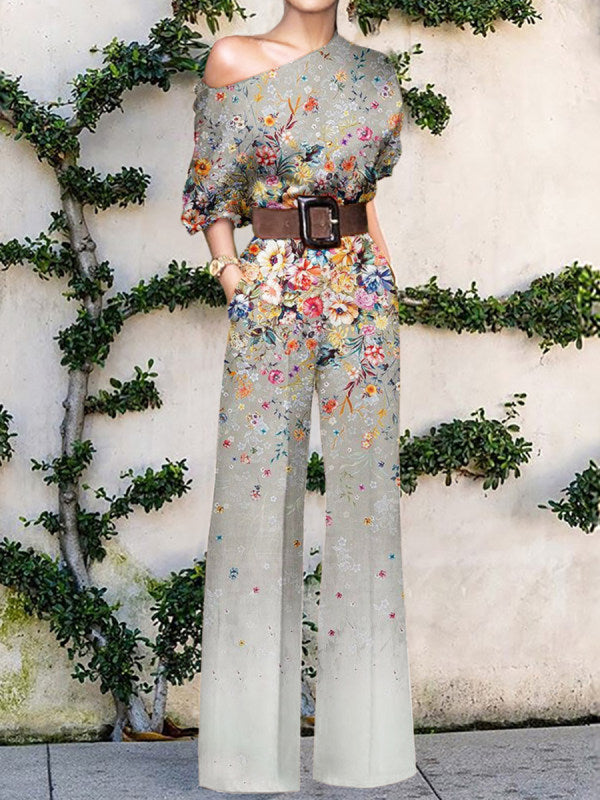European American Fashion Floral Print One-shoulder High Waist Jumpsuit For Women
