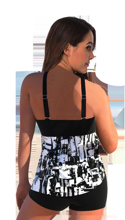 Plus Size Split Boxer Print Two-piece Women's Swimsuit