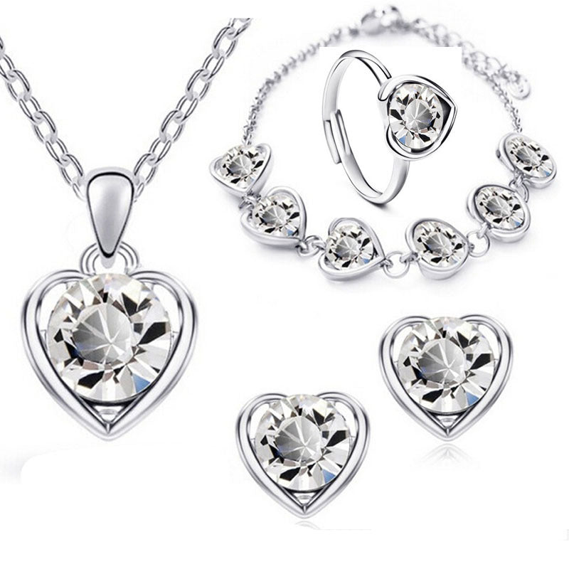 Fashion Crystal Heart Heart Necklace Earrings Ring Bracelet Four Piece Set