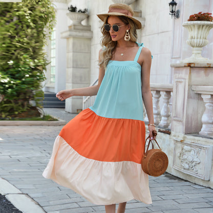 Bohemian Style Cool Contrast Color Pleated Dress