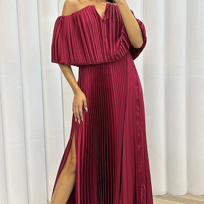 Pleated Off-shoulder Split Elegant Dress Women