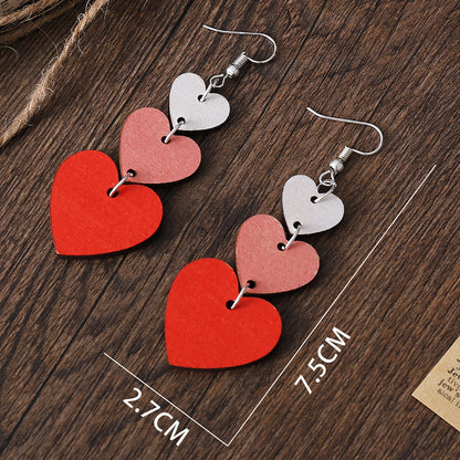 Valentine's Day Handmade Heart-shaped Gradient Color Love Heart Double-sided Wooden Earrings