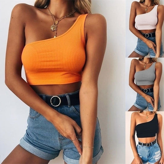 Women's Fashion Solid Color Low Cut Sleeveless Midriff-baring One Shoulder Halterneck Vest