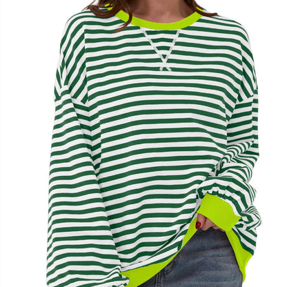 Simple Home Striped Pattern Round Neck Top