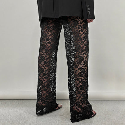 Summer Lace See-through High Waist Stitching Long Straight-leg Pants