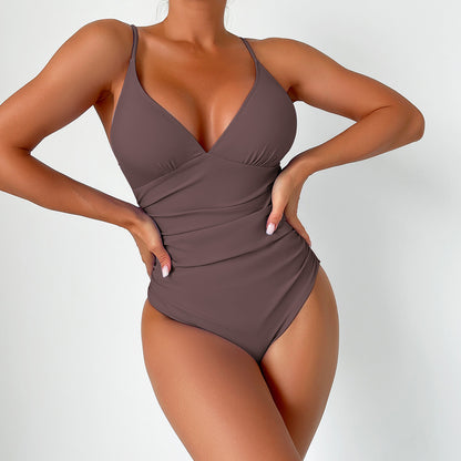 Women's Deep V Pure Color Ribbon Chest Pad One-piece Swimsuit
