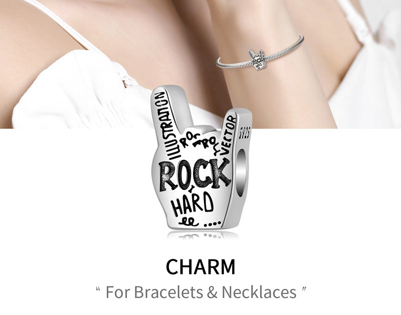 Rock Band Rock Gesture S925 Sterling Silver Silver Beaded Bracelet Necklace Diy Accessories