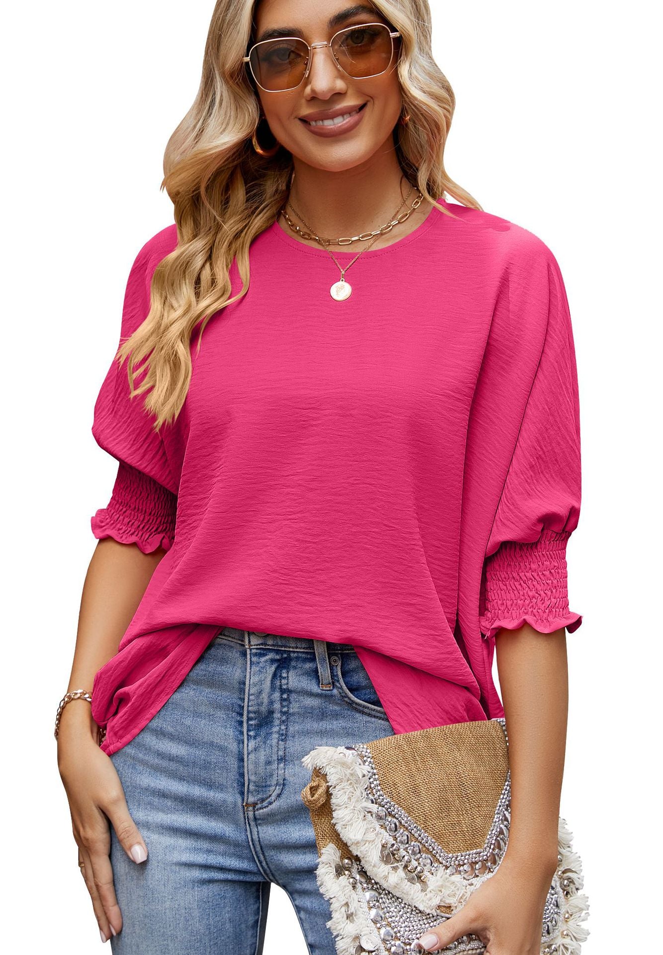 Women's Loose Solid Color Smocking Top