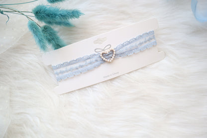 Sweet Accessory Gray Blue Lace Ribbon Pearl Choker Necklace