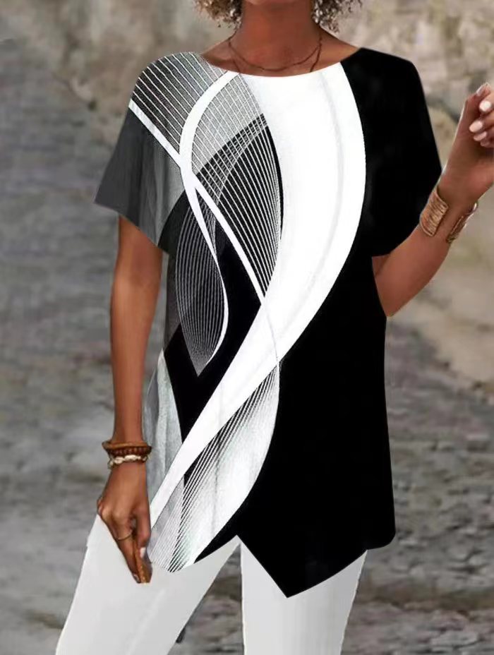 Geometric Printed Loose Short Sleeve Irregular Hem T-shirt