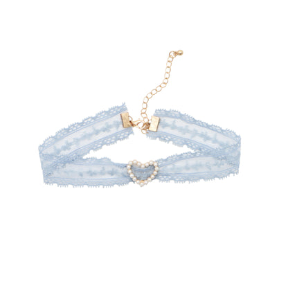 Sweet Accessory Gray Blue Lace Ribbon Pearl Choker Necklace