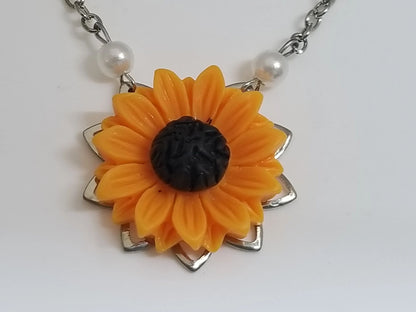Orange Floral Silver-backed Pendant w/ Silver Chain Necklace