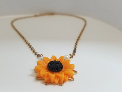 Orange Floral Gilded Pendant w/ Chain Necklace