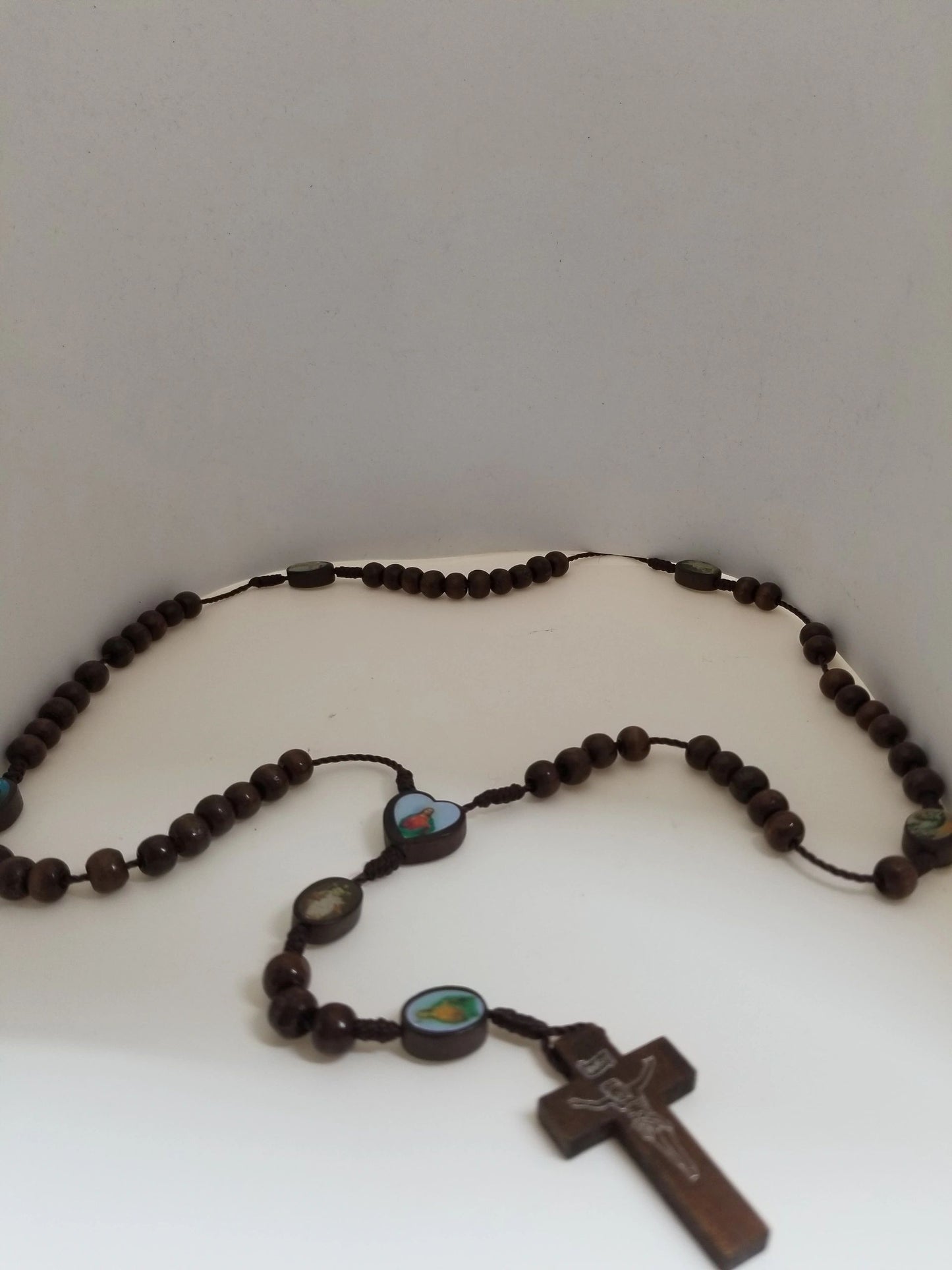 Rosary-style Wooden Crucifix w/ Beaded Cord Necklace