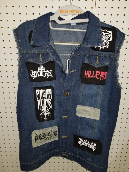 Blue Jean Cut off Sleeves Jacket with Patches