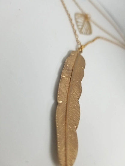 Leaf And Feather Gilded Alloy Pendants Necklace