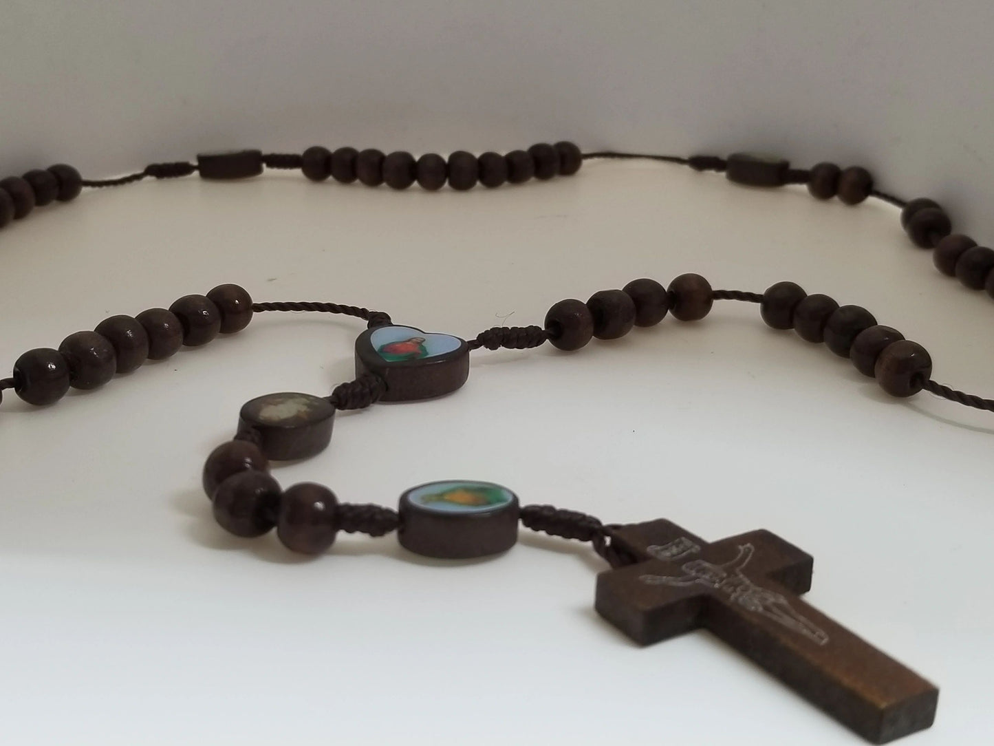 Rosary-style Wooden Crucifix w/ Beaded Cord Necklace