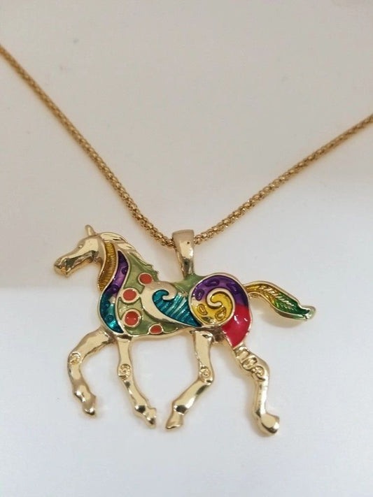 Painted Horse Gilded Alloy Pendant Necklace