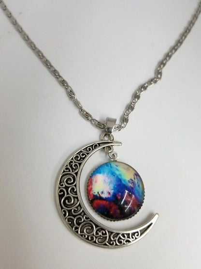Crescent Moon Pendant And Aurora Medallion Necklace Silver