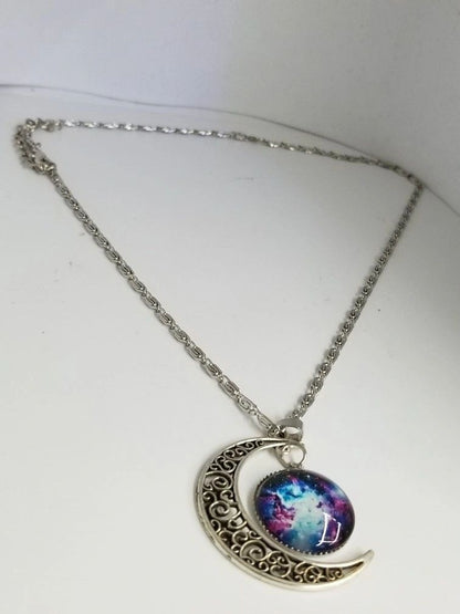 Crescent Moon Pendant And Blue Aurora Medallion Necklace