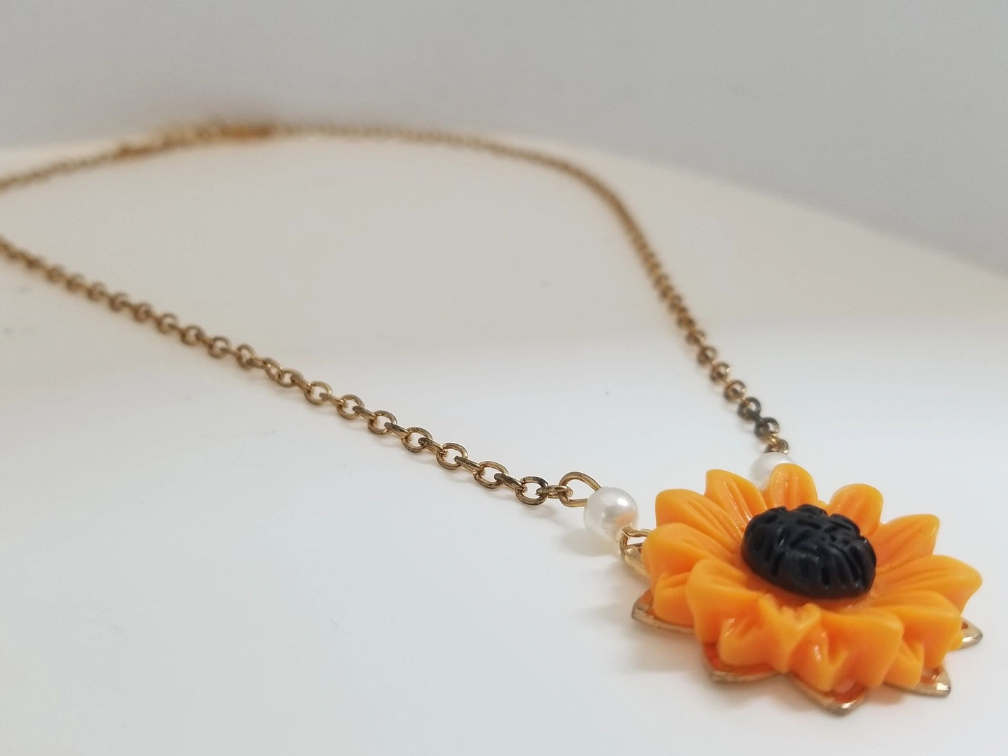 Orange Floral Gilded Pendant w/ Chain Necklace