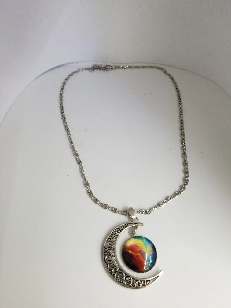 Crescent Moon Pendant And Rainbow Aurora Medallion Necklace