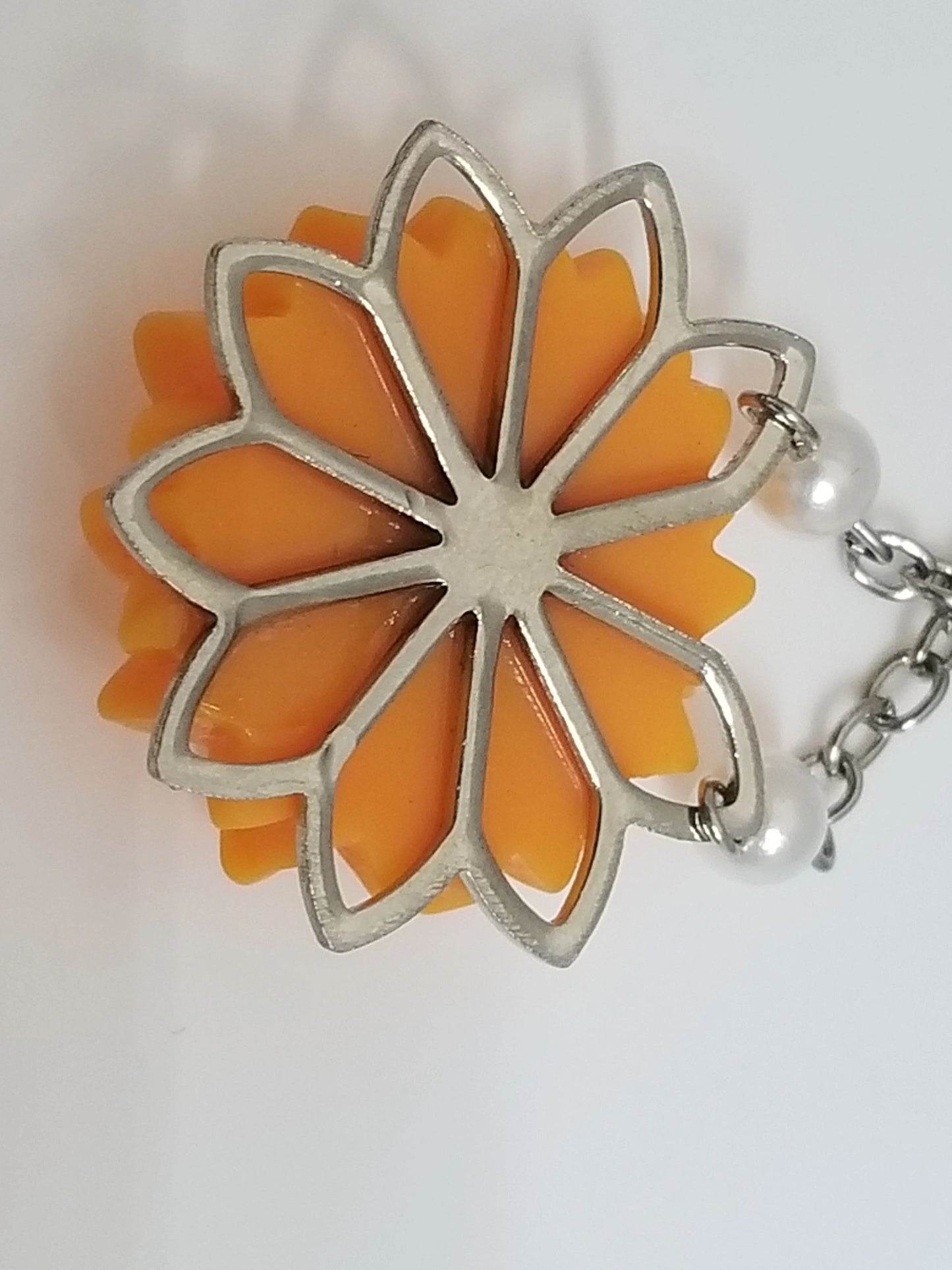 Orange Floral Silver-backed Pendant w/ Silver Chain Necklace