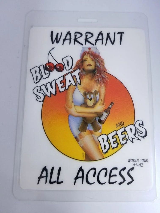 Warrant "Blood, Sweat, And Beers" Tour Backstage Pass