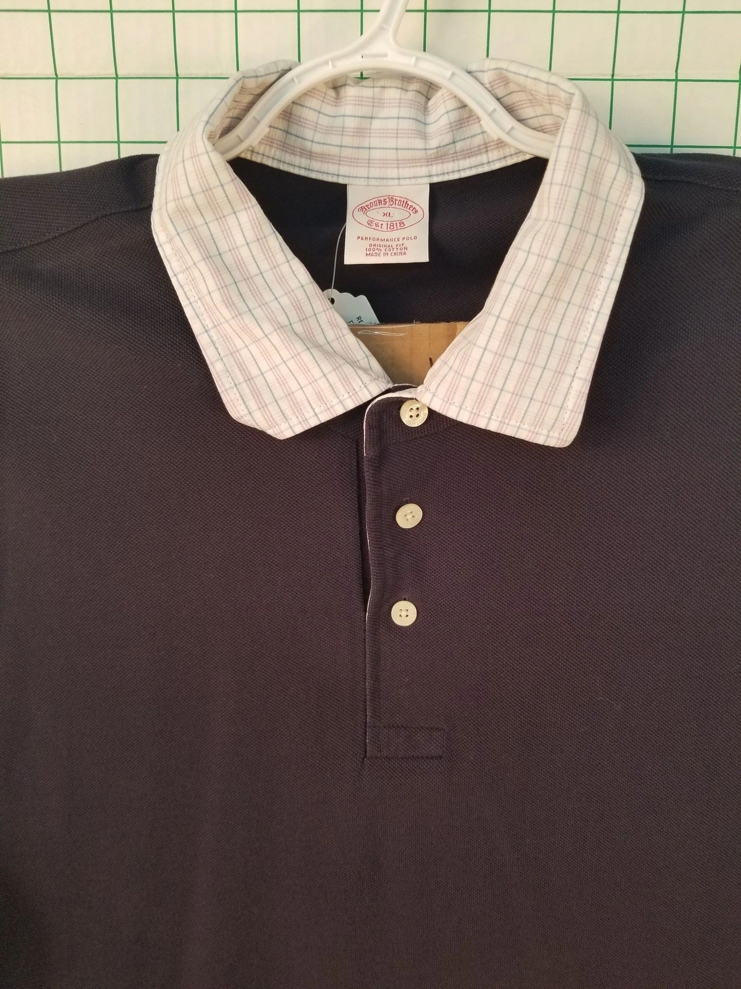 Brooks Brothers Plaid Collar Black Polo XL