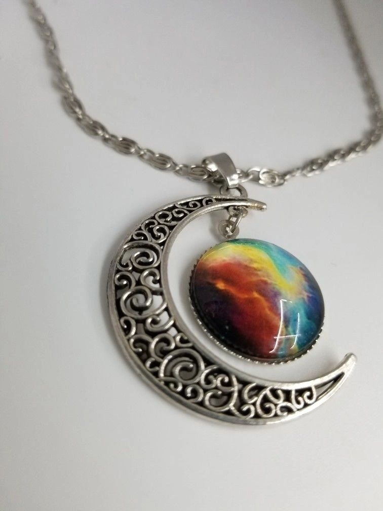 Crescent Moon Pendant And Rainbow Aurora Medallion Necklace